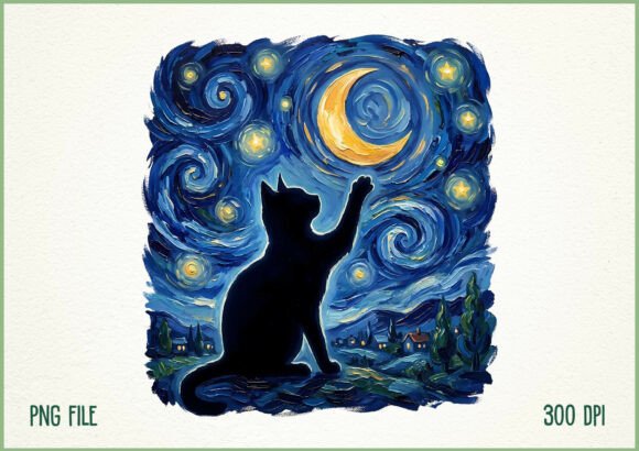 Download Starry Night Cat Painting Moon PNG - Painting Collection