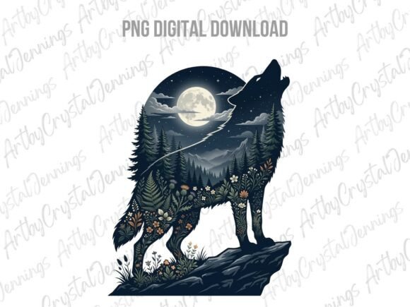 Download Midnight Moon Floral Scenic Wolf PNG - Wolf png Collection