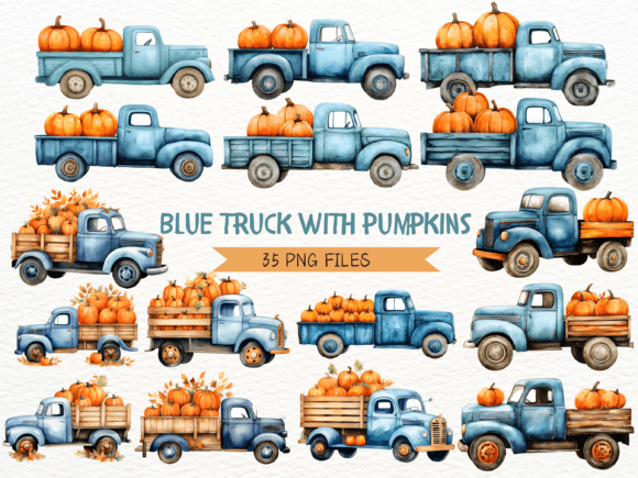 Download Blue Autumn Truck with Pumpkins - Pumpkins Collection