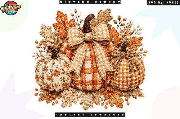 Download Cozy Fall Pumpkins and Bow Patchwork PNG - Pumpkins Collection